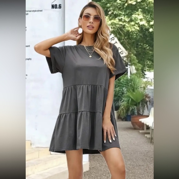 Flirty Ruffle Hem Dress - Short Sleeve, Crew Neck - Picture 3 of 5